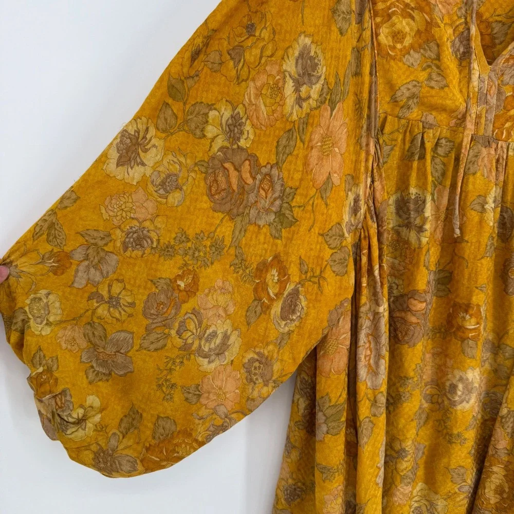 SISSEL EDELBO 100% SILK ONE SIZE MINI DRESS GOLDEN FLORAL OVERSIZED BOHO FAIRY‎